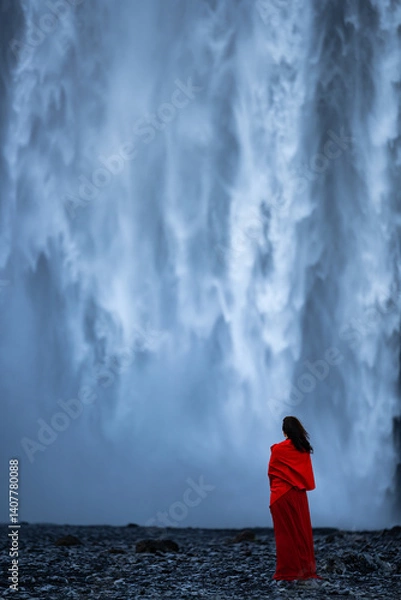 Obraz A woman in a red dress stands before the powerful Skógafoss waterfall in Iceland, her figure contrasting sharply against the mist and roaring cascade.