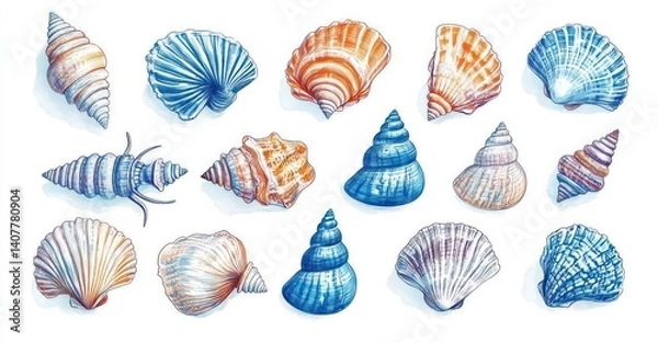 Fototapeta Vintage Engraved Seashell Illustrations Collection in Pastel Shades for Nautical Decor
