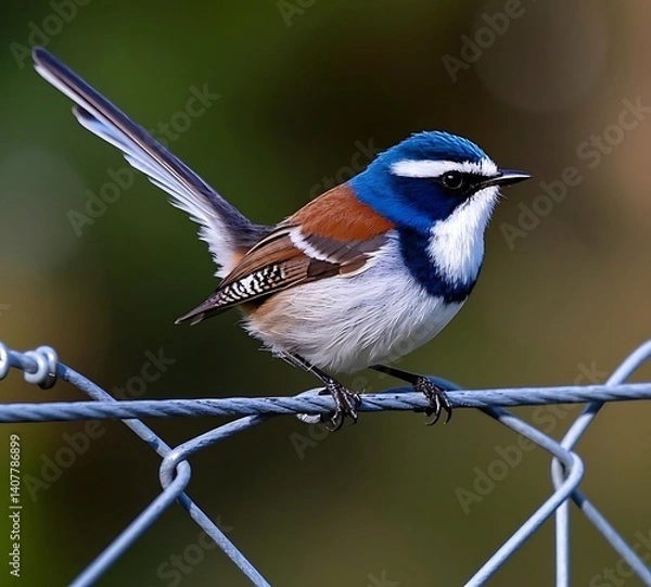 Obraz Superb Fairy-wren on a wire fence in Mogo, NSW, Australia.