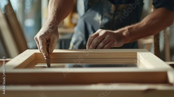Obraz Carpenter building a wooden frame for a large mirror. Featuring wood framing and custom furniture making