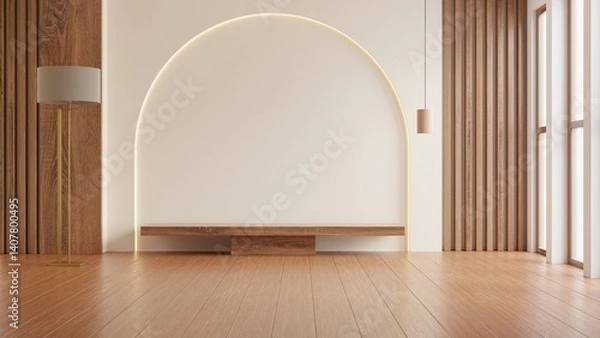 Obraz Modern empty living space featuring a curved recessed wall niche with LED lighting, wooden slat panels- 3D rendering