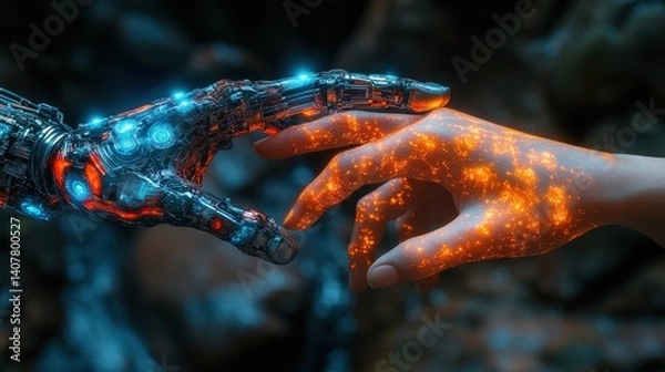 Fototapeta a cyborg finger touching a human finger modern remake of the creation of adam technology meets humanity biology vs technology machine learning ai progress big data digital interface,stock photo