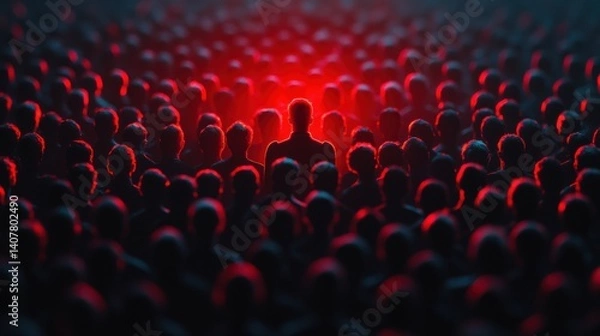 Fototapeta a dense crowd of matte black silhouettes with a striking red figure in sharp contrast under a spotlight emphasizing the peril of insider threats in data environments,photo stock