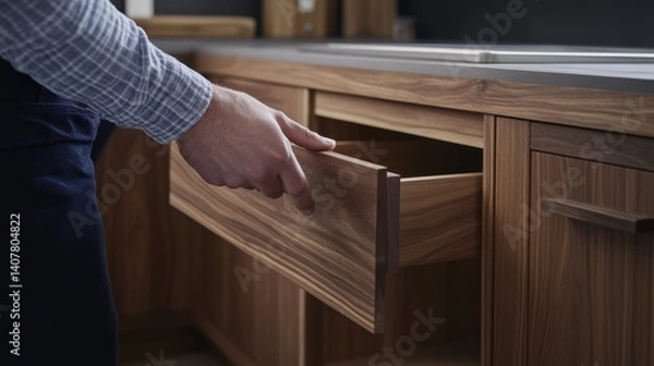 Obraz Carpenter creating a custom wooden cabinet for a kitchen. Featuring bespoke design and craftsmanship