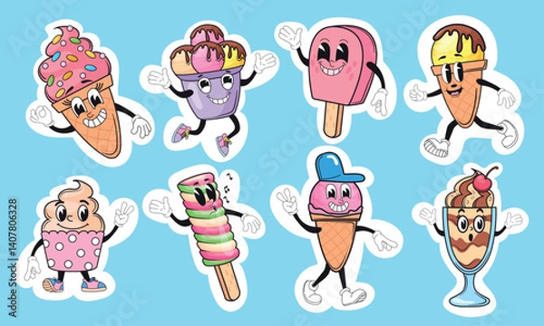 Fototapeta Cartoon ice cream stickers. Cute kawaii icecream retro groovy characters, chocolate popsicle baby kid face scoop in waffle cone summer sweet dessert mascot neat vector illustration
