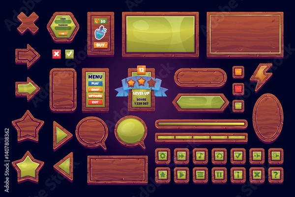 Fototapeta Wood game interface. Gui buttons board panels wooden texture, 2d video game ui assets menu kit elements signs medieval fantasy mobile gaming app, cartoon swanky vector illustration