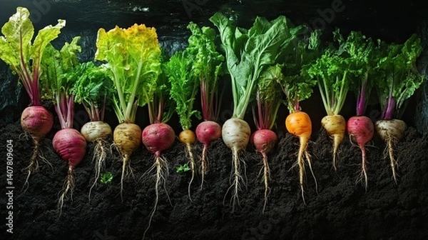 Fototapeta Cross-sectional Time Lapse of Growing Root Vegetables in Soil