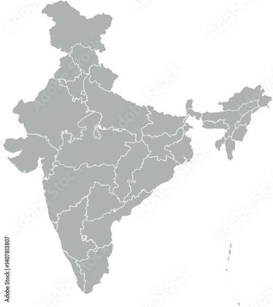 Fototapeta Vector map of India in gray with white borders of states and union territories. Minimalist political subdivision map.

