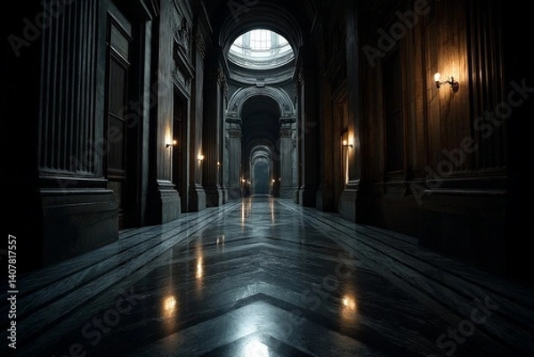 Fototapeta Mysterious corridor exuding an eerie atmosphere with dim lighting in an ancient building