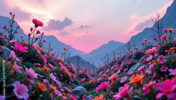 Fototapeta Futuristic Floral Landscape Visualize a sci fi landscape with neon flowers and glowing plants against a soft, ethereal backdrop.