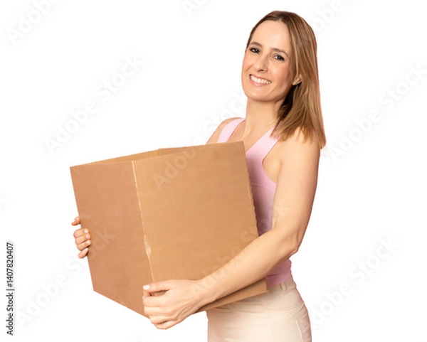 Obraz post, package and delivery concept - smiling woman in casual clothes with parcel box isolated over transparent background.