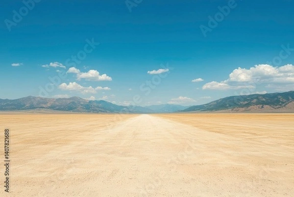 Fototapeta Desert Road Leads to Distant Mountains under Bright Sky with Scattered Clouds