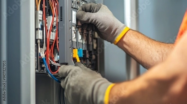 Fototapeta Electrician installing a new electrical panel in a home. Featuring precision and installation