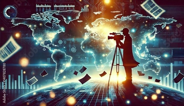 Fototapeta A silhouette of a journalist filming in front of a glowing digital world map, surrounded by floating newspapers, bar charts, and the text "World Press Freedom Day" across the scene.
