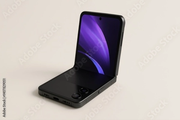 Fototapeta A matte black flip smartphone is shown partially unfolded on a neutral beige background