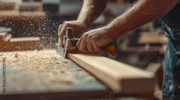 Fototapeta Carpenter cutting wood planks for a custom project. Featuring skill and attention to detail