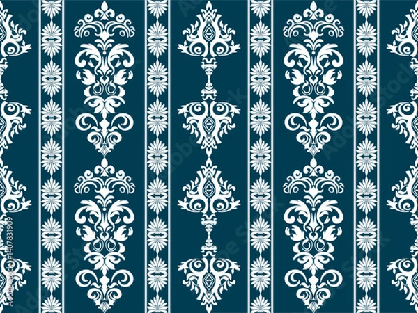 Fototapeta Elegant damask pattern in white on a rich teal background, showcasing intricate floral and ornamental designs for sophisticated decor.