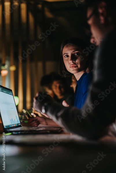Obraz Diverse group of coworkers collaborates intensely on a project in a dimly lit office. The atmosphere is focused and determined as they analyze data and brainstorm ideas to meet an impending deadline.