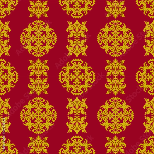 Fototapeta A vibrant red and yellow damask pattern featuring ornate floral motifs, perfect for textiles and decorative purposes.