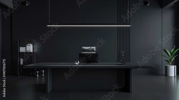 Fototapeta Dark, minimalist office space with modern furnishings.