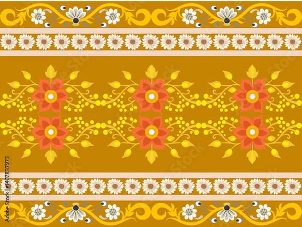 Fototapeta A vibrant floral pattern featuring orange and yellow flowers, intertwined with decorative vines on a golden backdrop.