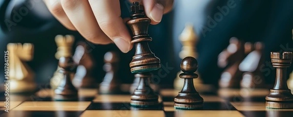 Fototapeta Engaging chess game with a focused player making a strategic move on a beautifully crafted wooden board, showcasing concentration and the intellectual challenge of the game.