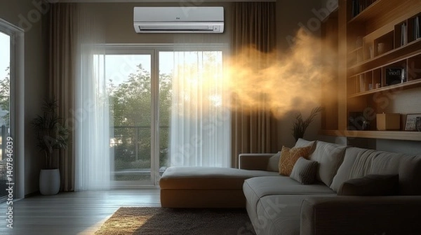 Fototapeta air conditioner and wind or air flow to show cool and fresh ac indoor unit or evaporator and wall mounted that is part of mini split system or ductless system type