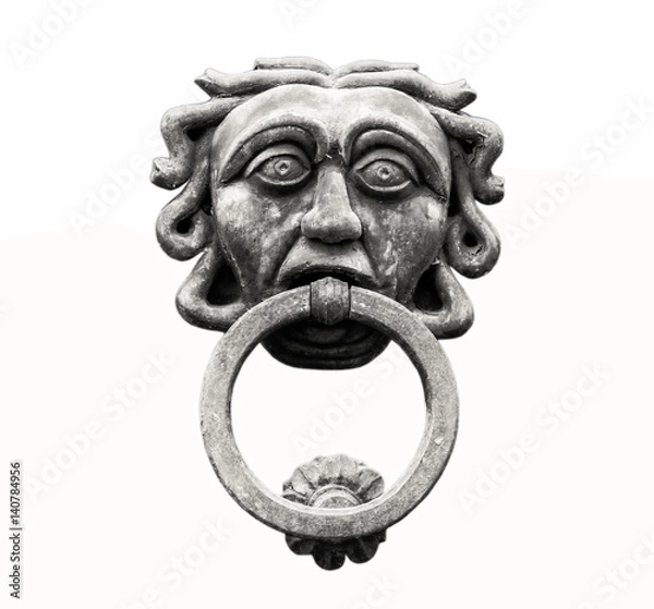 Fototapeta Ancient door knocker isolated on white background,black and white.