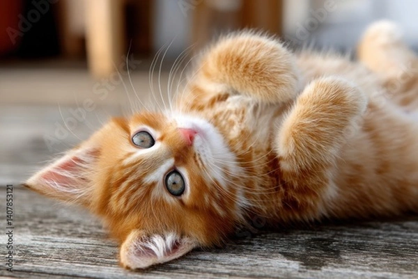 Obraz Playful Ginger Kitten Relaxing on a Wooden Surface, Enjoying Leisure Time. Generative AI.