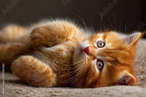 Obraz Adorable Ginger Kitten Lying on a Soft Blanket, Relaxing at Home.