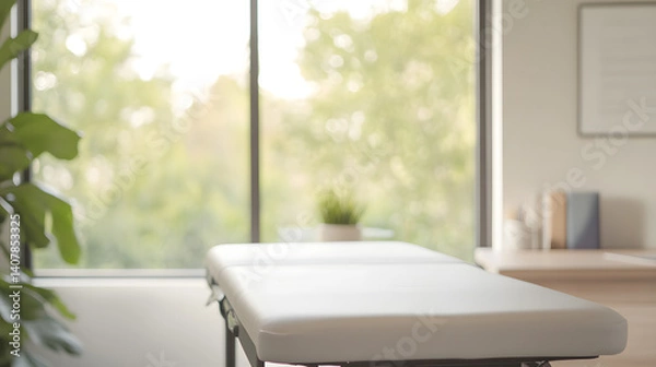 Fototapeta A modern, minimalist home office transformed into a temporary wellness space, featuring a portable chiropractic table set up near a large window overlooking a lush garden, the chiropractor, dressed