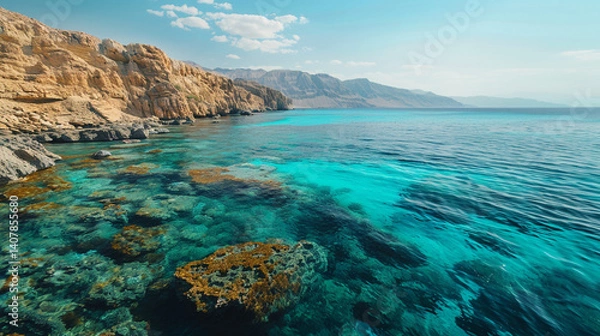 Fototapeta A serene scene of the Red Sea coastline, featuring crystal-clear turquoise waters, vibrant coral reefs visible beneath the surface, and golden cliffs framing the shore.