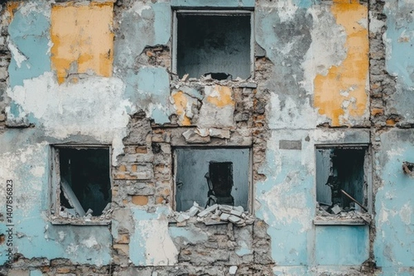 Fototapeta Decaying facade of an abandoned building with broken windows and crumbling walls, evoking a sense of urban decay