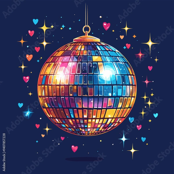 Fototapeta Colorful vector illustration of a disco ball with glowing tiles, surrounded by hearts and sparkles on a dark background, creating a fun, romantic, retro party vibe