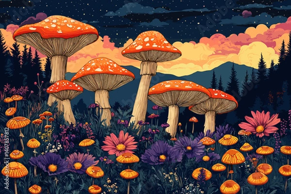 Fototapeta Fantasy illustration of large red mushrooms and wildflowers in a magical forest at twilight, with mountains and starry sky in the background, creating a dreamy and colorful scene