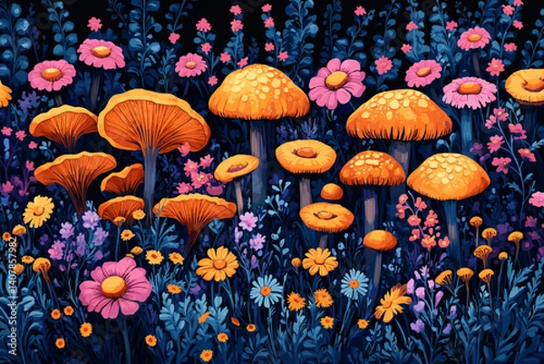 Fototapeta Fantasy illustration of orange mushrooms and vibrant wildflowers in a magical forest, with deep blue foliage and a whimsical, colorful atmosphere