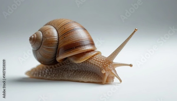 Fototapeta Close-up of a terrestrial snail on a plain background.