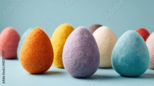 Fototapeta Easter decoration chick ornaments festive banners. Colorful Felt Eggs Composition Arrangement for Easter Celebration Holiday Season Bright and Cheerful.