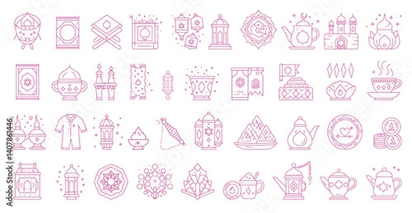 Fototapeta set of islamic icon with thin line style, use for islamic event or pictogram assets, ramadan kareem, ied mubarak, poster, hajj season, etc