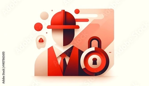 Fototapeta Minimalist red-toned illustration of a faceless construction worker with a hard hat, safety vest, and padlock icon symbolizing security, protection, and workplace safety alert.