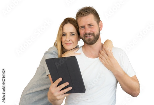 Obraz Close-up of a happy loving young couple together holding a tablet.