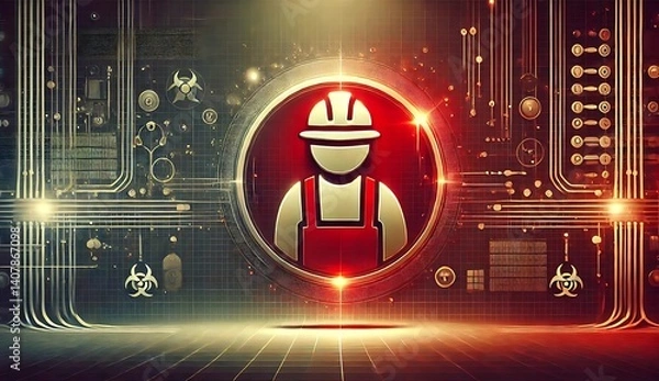 Fototapeta Futuristic digital artwork of a construction worker icon inside a glowing red interface, surrounded by circuit lines and biohazard symbols, symbolizing industrial safety and cybersecurity alert.