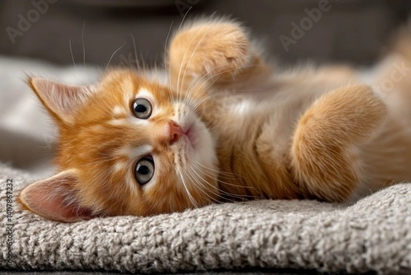 Obraz Ginger Kitten Lying on a Soft Blanket, Looking at the Camera.