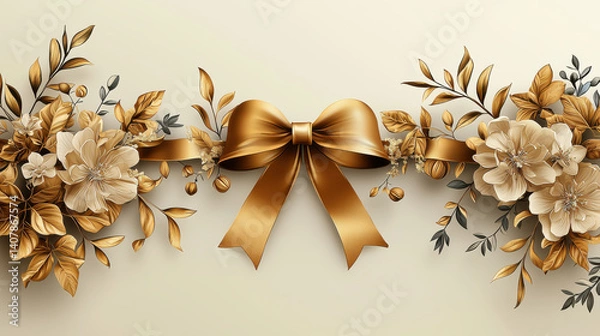 Obraz golden ribbon adorned with elegant floral decorations, featuring intricate leaves and flowers, creates luxurious and festive design. harmonious blend of gold and neutral tones adds touch of