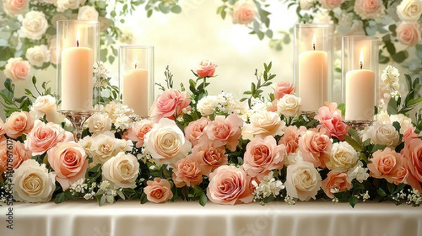 Obraz beautifully arranged wedding table setting with elegant floral decorations, featuring array of pink and white roses, lush greenery, and tall candles in glass holders, creating romantic ambiance