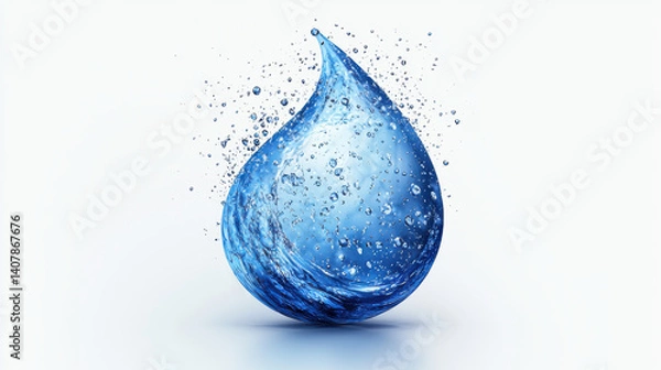 Fototapeta dynamic water droplet with splashes and bubbles, showcasing fluidity and motion against light background. image captures essence of water purity and energy