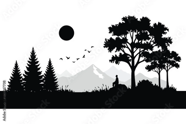 Fototapeta Nature Landscape Silhouette Mountain, Tree, and Relaxing Person Vector.