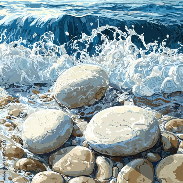 Obraz Abstract art of ocean waves crashing over smooth stones, capturing dynamic motion and vibrant colors of sea