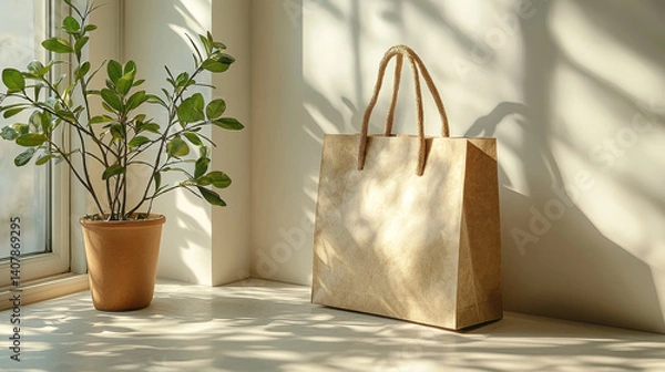 Obraz handcrafted artisanal paper bag with textured material sits on sunlit windowsill next to potted plant, casting soft shadows