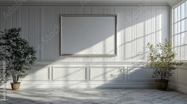 Obraz sunlit room with metallic silver frame mockup on white paneled wall, flanked by potted plants casting shadows on floor